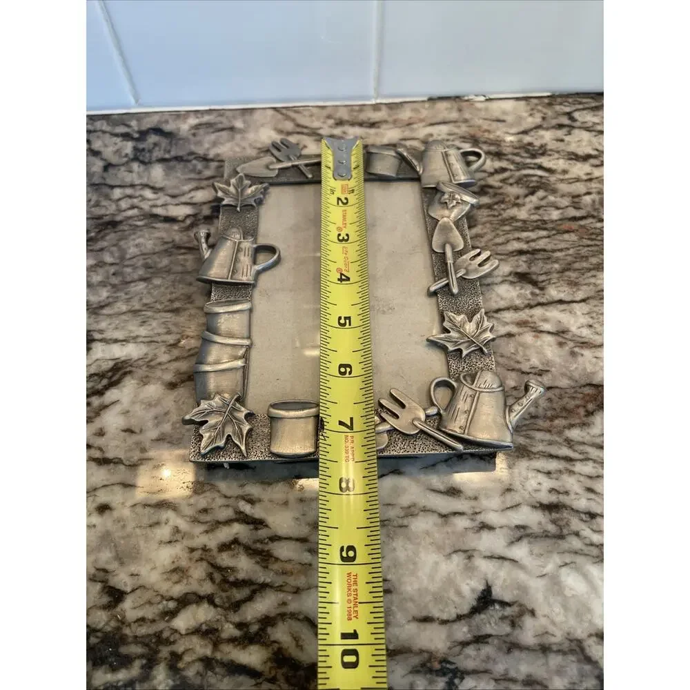 Vintage Pewter Picture Frame Gardening Tools Leaves 4 x 6 Photo Cottage Core